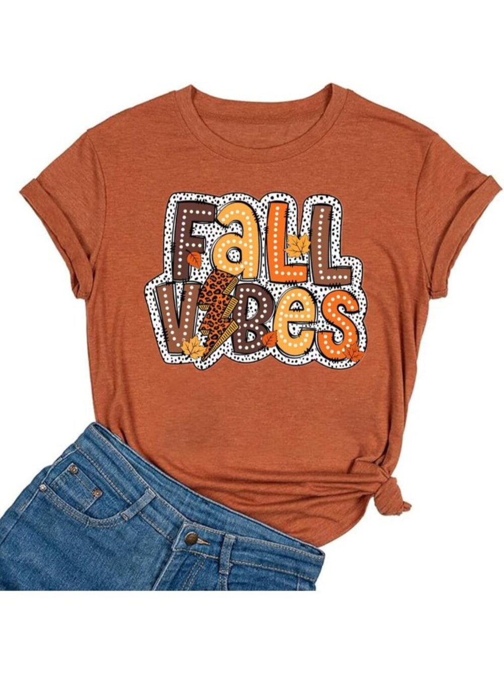 🆕 Women's Orange Fall Vibes Cheetah Lightning Bolt Autumn Graphic Tee Shirt